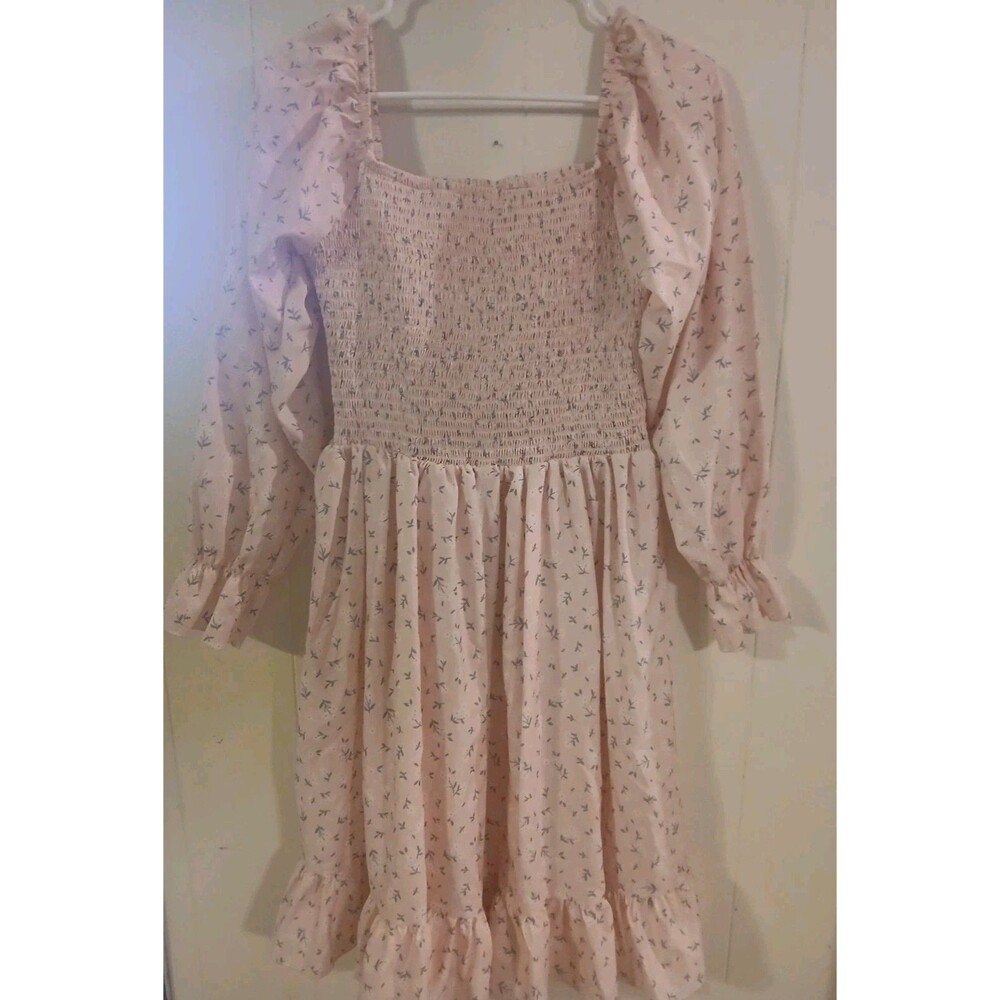 Pink Floral Peasant  Smocked Puff Sleeve Midi Dress  Square Neck Women's Size M